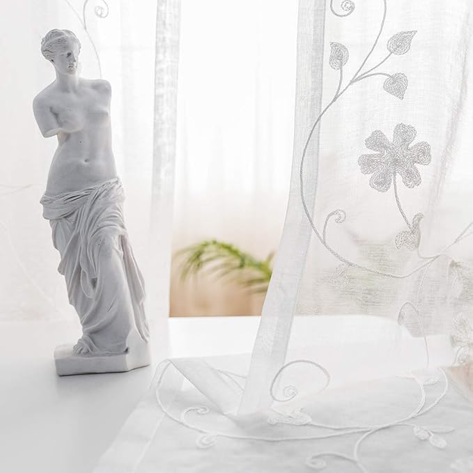 Floral Embroidery Sheer Curtains White 45 Inch Length, Rod Pocket Voile Drapes for Living room, Bedroom, Window Treatments Semi Crinkle Curtain Panels for Yard, Villa, Parlor, Set of 2, 52"x 45".