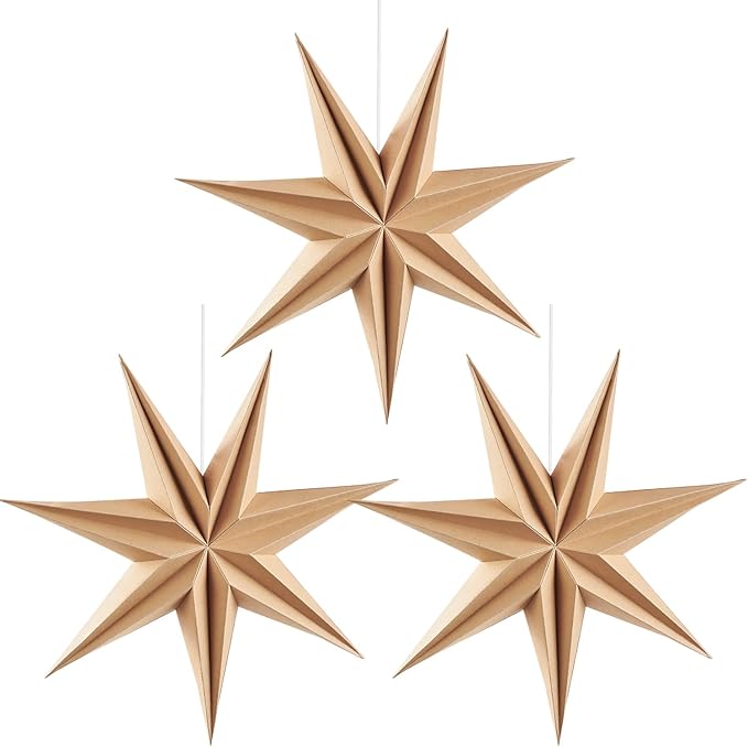 3PCS 12inch 7-Pointed Natural Paper Star Landerns Hanging Decoration Set Festive Holiday Decor Stars Shape Landerne for Christmas Home Deco