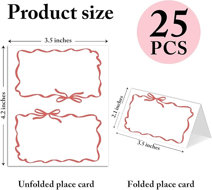 25 Pack Red Bow Wave Place Cards, Editable Name Cards for Table Setting, Tent Cards Food Label for Dinner Party, Bridal Shower, Wedding, Baby Shower and Events -T13