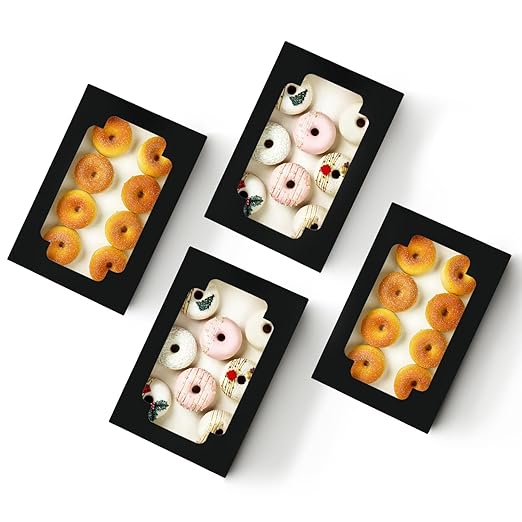 qiqee Auto-pop up Black Cookie Box with Window 12x8x2.5 inch 18 Packs Two Uses One Second Folding Pastry Biscuit Bakery Box for Packaging
