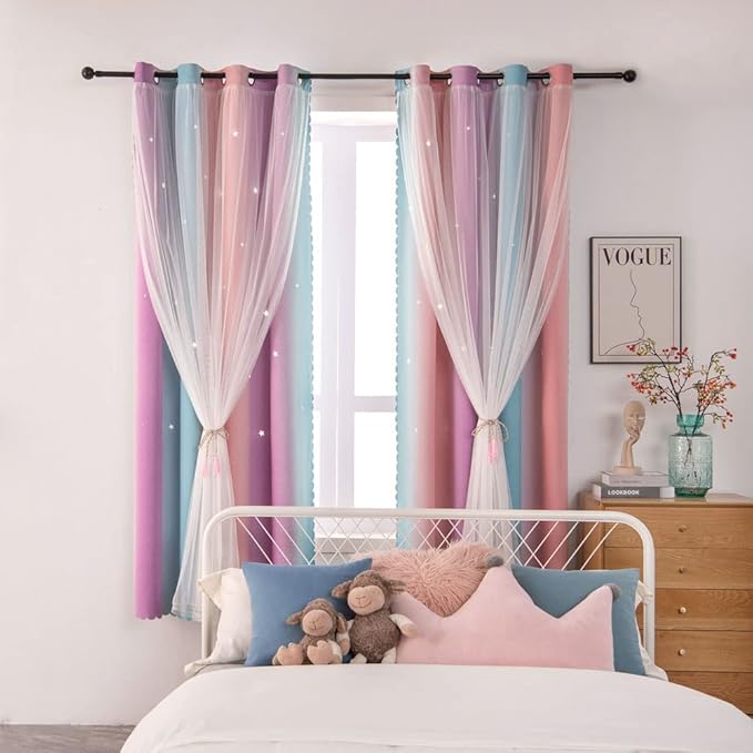 FANLI Ombre Rainbow Blackout Curtains for Kid Girls Bedroom Living Room Darking Stripe Double Layer Star Cut Out Wall Home Decor Gradient Grommet Window Curtains (Pink Purple, 52W x 63L)