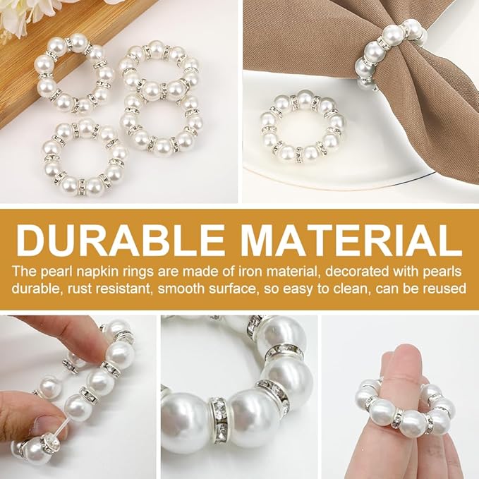 30Pcs Pearl Napkin Rings, Round Napkin Buckles Wedding Beaded White Napkin Rings Silver Napkin Ring Holder for Formal Dinner Reception Party Banquet Table Decor (Sliver)
