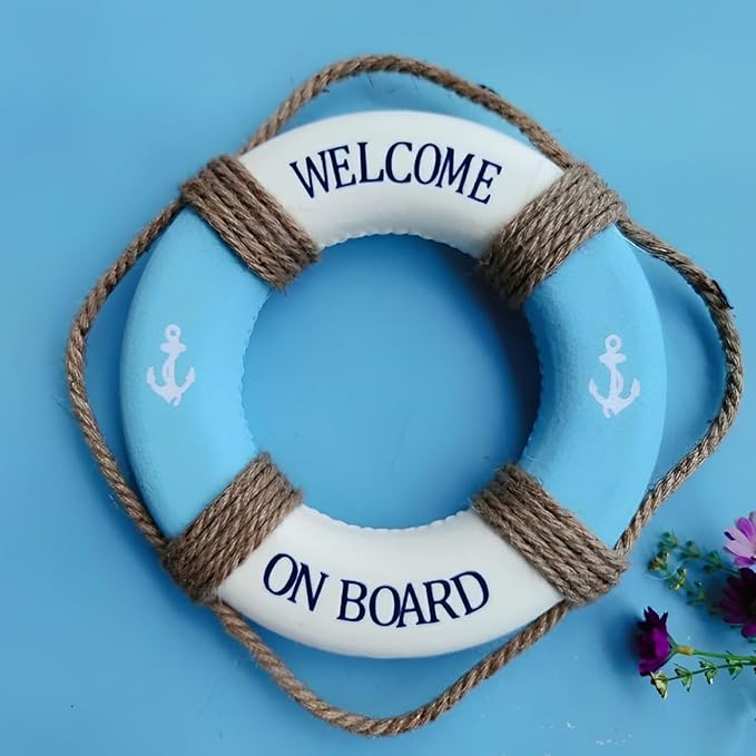 MorroMorn Lifebuoy Wall Hanging Decor - Welcome Aboard Mediterranean Style Home Decoration Hemp Rope (Blue, 10")