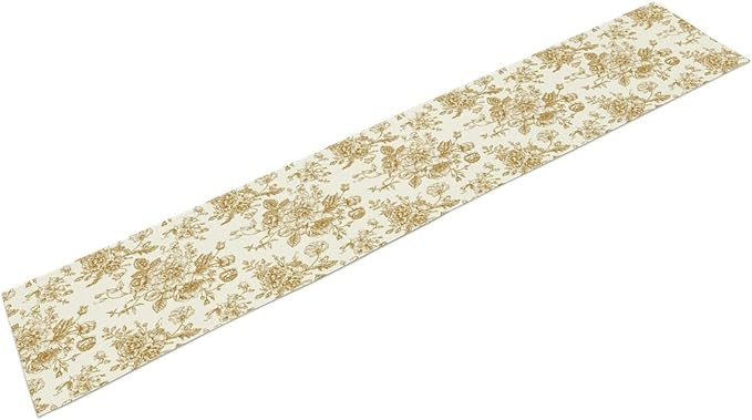 Retro Floral Table Runner, Golden White Wildfloral Sketch Print Kitchen Dinning Table Runner for Indoor Outdoor Home Wedding Party Holiday, 13x60 Inch