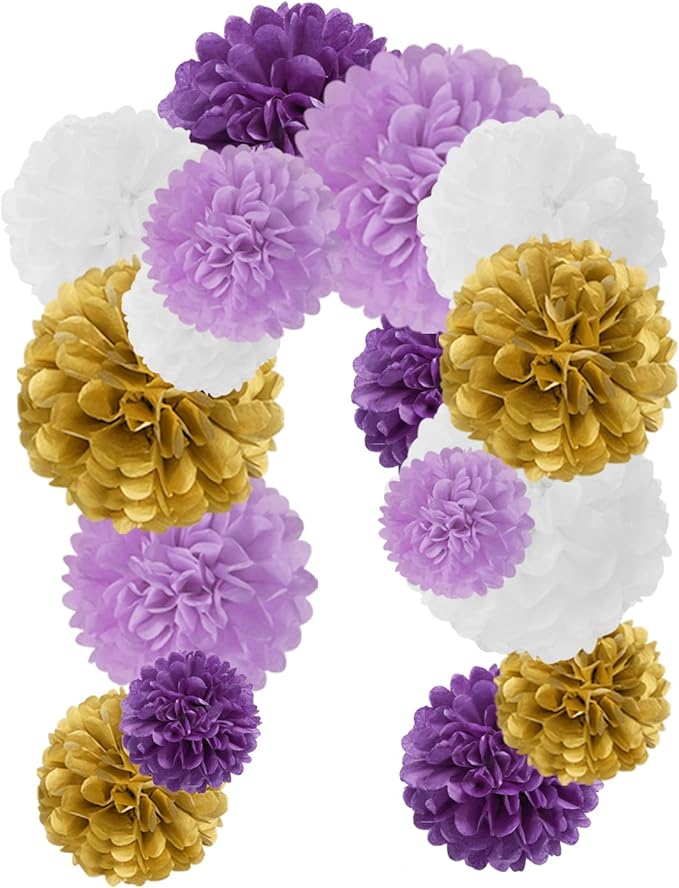 Purple White-Gold Lavender Tissue Pom-Poms - 16pcs Purple Birthday Party Decorations Paper Flowers Garland Wedding Baby Bridal Shower Mothers Graduation Festival Decor Panduola