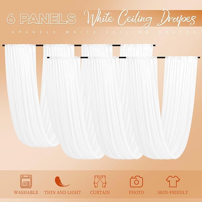 6 Panels White Ceiling Drapes for Wedding 5ftx10ft Arch Draping Fabric Cheesecloth Sheer Curtain Romantic Decorations for Party Banquet Ceremony Stage