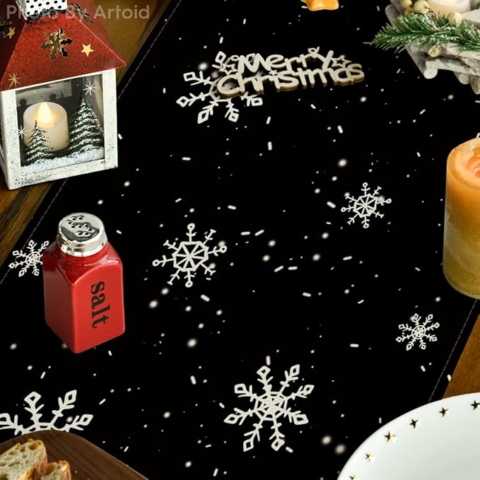 Artoid Mode Black Snowman Snowflake Let it Snow Winter Table Runner, Christmas Kitchen Dining Table Decoration for Home Party Decor 13x36 Inch