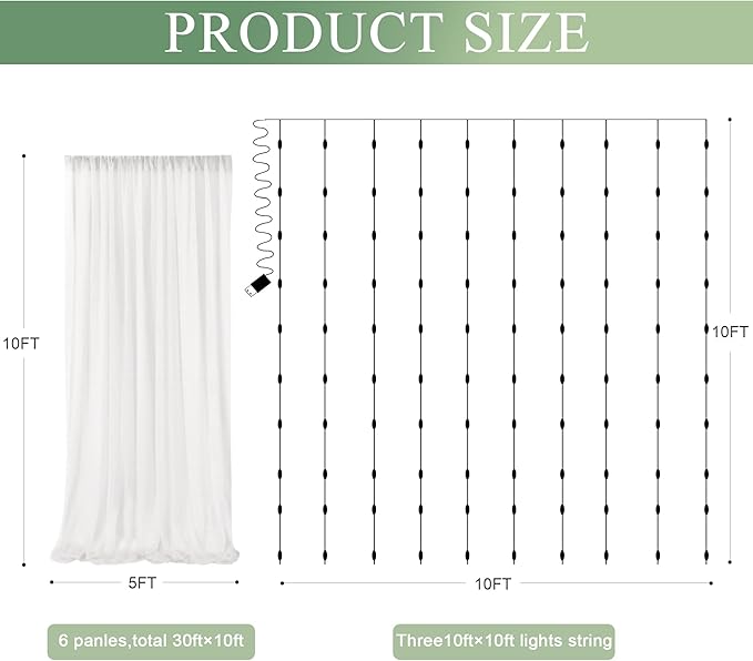 Tulle Backdrop Curtain with Lights String 30 X 10FT Ivory Sheer Tulle Backdrop Curtains for Wedding Birthday Party Reception Photo Booth Background Decorations (6 Panels 5x10FT)