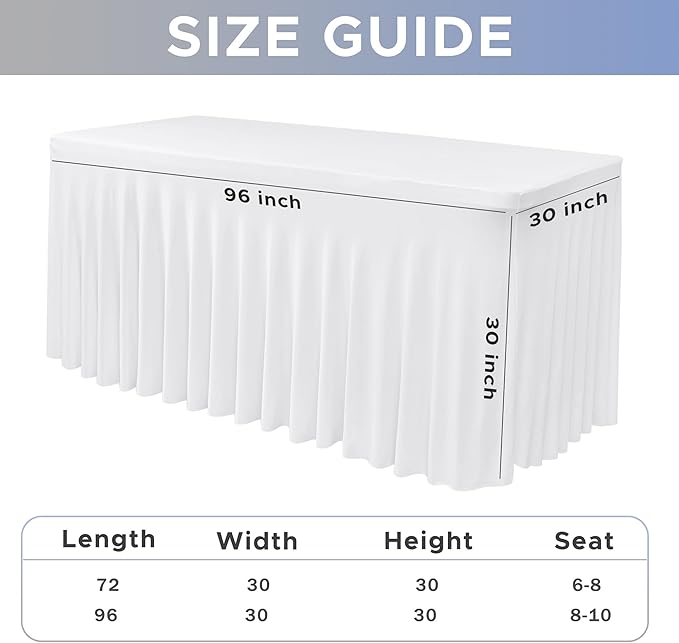 Nasitos White Table Skirt for 8 Foot Rectangle Tables, 4 Pack - 96 x 30 Inch - Stretch Spandex Fitted Table Clothes, Fabric Table Covers Cocktail Tablecloths for Party, Banquet, Birthday