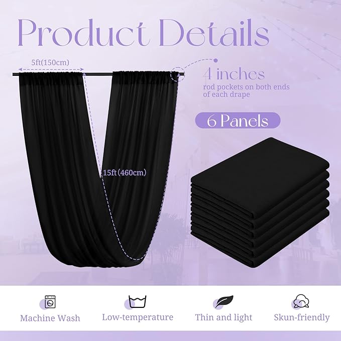 6 Panels Black Ceiling Drapes for Wedding, 5ftx15ft Ceiling Drapes Cheesecloth Sheer Fabric Curtain Wedding Arch Draping Fabric Romantic Ceilings Decorations for Weddings Party Ceremony Stage