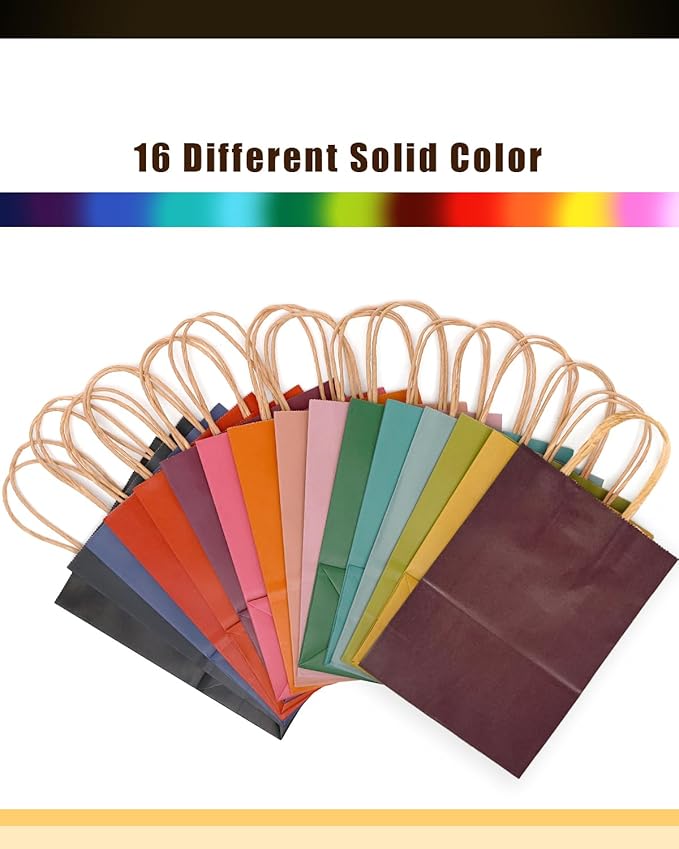 qiqee 100Pcs Large Size Paper Gift Bags with Handles -13"x10.3"x4.6" Kraft Small Party Bags - 16 Solid Colors