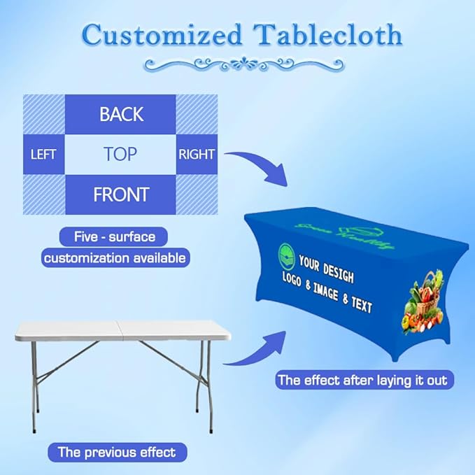 Custom Table Cloth with Business Logo 4FT 5FT 6 FT 8 FT Spandex Customized Table Cover Stretch for Tradeshow Events Birthday Wedding Anniversary Mantel Personalized Table Cloth (4FT)