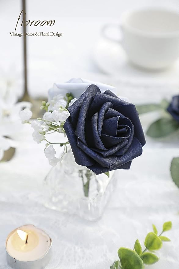 Floroom Artificial Flowers 25pcs Real Looking Navy Blue Foam Fake Roses with Stems for DIY Wedding Bouquets Bridal Shower Centerpieces Party Tables Home Decorations
