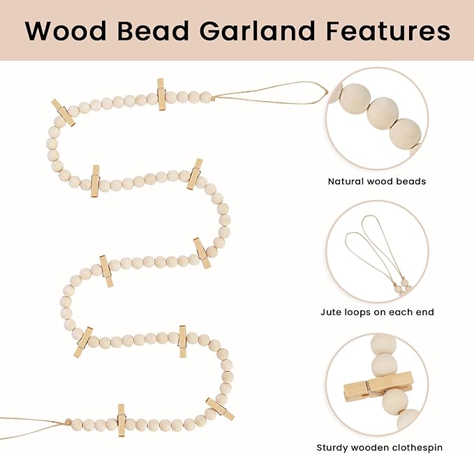 Hanging Photo Display with Clips, Boho Wooden Bead Garland Collage Picture Frame Wall Decor, Photo String with 10 Clips for Bedroom Room Dorm Cubicle Decor, Christmas Teen Girls Gifts, 3 Pack