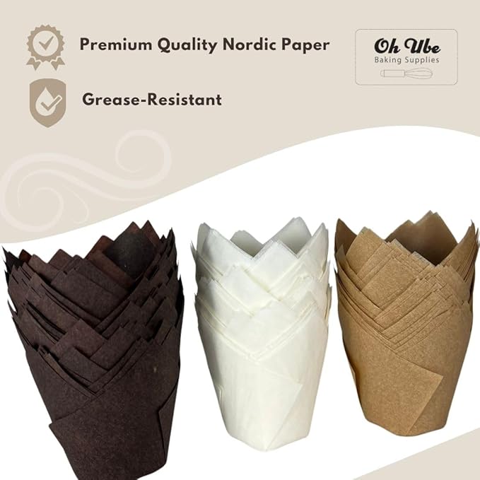 150-Pack Nordic Paper Brown Tulip Muffin Liners for Baking - Odorless, Non toxic Cup, Grease-Resistant Cupcake Wrappers for All Occasions - Perfect for Weddings, Birthdays, Showers! (Brown)