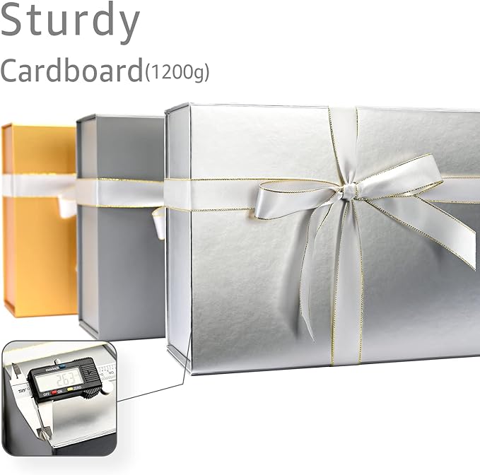 LIFELUM Large Gift Boxes with Lids,2 Pack 13.85 x 8.35 x 4.45 inch Silver Gift Boxes with Ribbon, Card, Shredded Paper Filler Gift Boxes for Presents,Graduation,Christmas,Birthdays