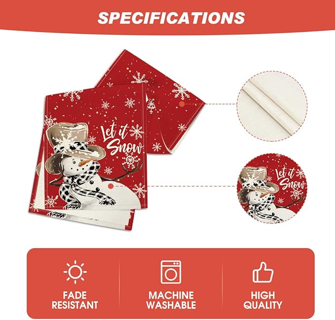 Artoid Mode Red Snowman Snowflake Let it Snow Winter Table Runner, Seasonal Christmas Kitchen Dining Table Decoration for Home Party Decor 13x72 Inch