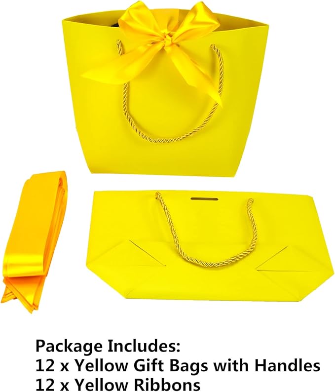 HUAPRINT Gift Bags with Handles,7.48×3.54×7.9 inches,Party Favor Bags with Bow Ribbon,12Pcs Yellow Paper Bags for Birthday Wedding Bridesmaid Present Celebration Holiday