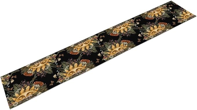 Sun Moon Table Runner, Bohomian Mushroom Daisy Table Gothic Dragonly Butterfly Table Center Decor Table Runner for Indoor Outdoor Party Kitchen Dinner Black, 13x36 Inch