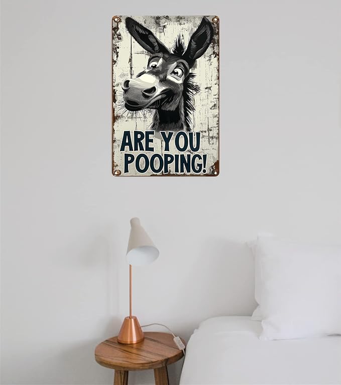 Funny Donkey "Are You Pooping?" Tin Sign - Vintage Bathroom Wall Décor, 8x12 Inches, Humorous Metal Sign for Indoor & Outdoor Use, Farmhouse-Style Wa