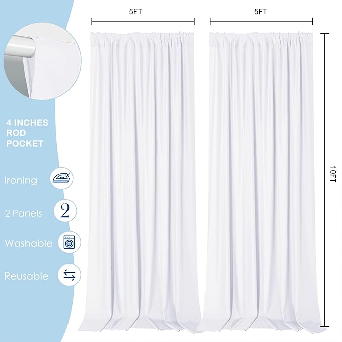 Sugargirl 10x10FT White Backdrop Curtains Polyester Photo Backdrop Drapes Curtains 2 Panels with Rod Pockets for Party Birthday Wedding Photography Home Decoration