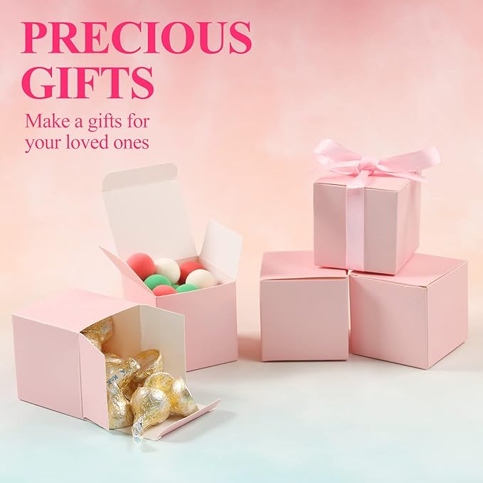 COTOPHER 100pcs Small Gift Boxes, Favor Boxes 2x2x2 inches Paper Gift Boxes with Ribbons Candy Box for Wedding Favors Baby Shower Bridal Shower Birthday Party (100pcs 2x2x2, Pink)