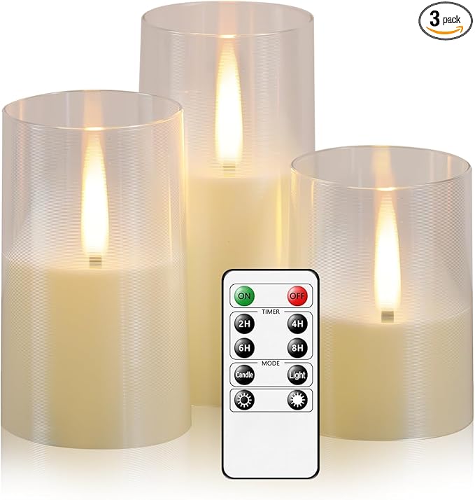 Flameless LED Candles, Upgraded Realistic Flickering Pillar Battery Operated Candles with Remote Timer, Acrylic Electric Set of 3 for Romantic Ambiance and Home Decoration（Ivory）