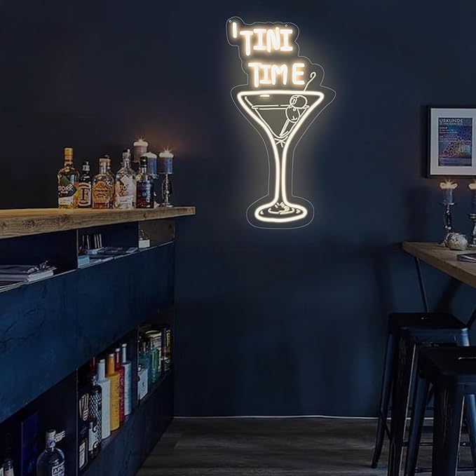 Tini Time Neon Sign, Martini LED Neon Sign for Bars, Elegant Cocktail Glass Neon, Martini Cocktail Bar Wall Decor, Bar Wall Art, Pub neon, 16.5"x8.7", Warm White