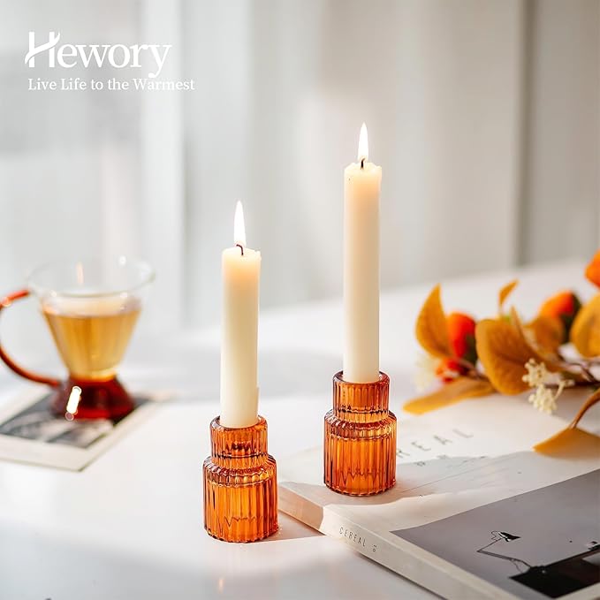 Hewory Glass Taper Candle Holders: 20 PCS Amber Elegant Candle Holder Candlestick Holders Bulk, Ribbed Glass Candle Holder Candle Sticks Holder Decor for Table Centerpiece Fall Thanksgiving Home Decor