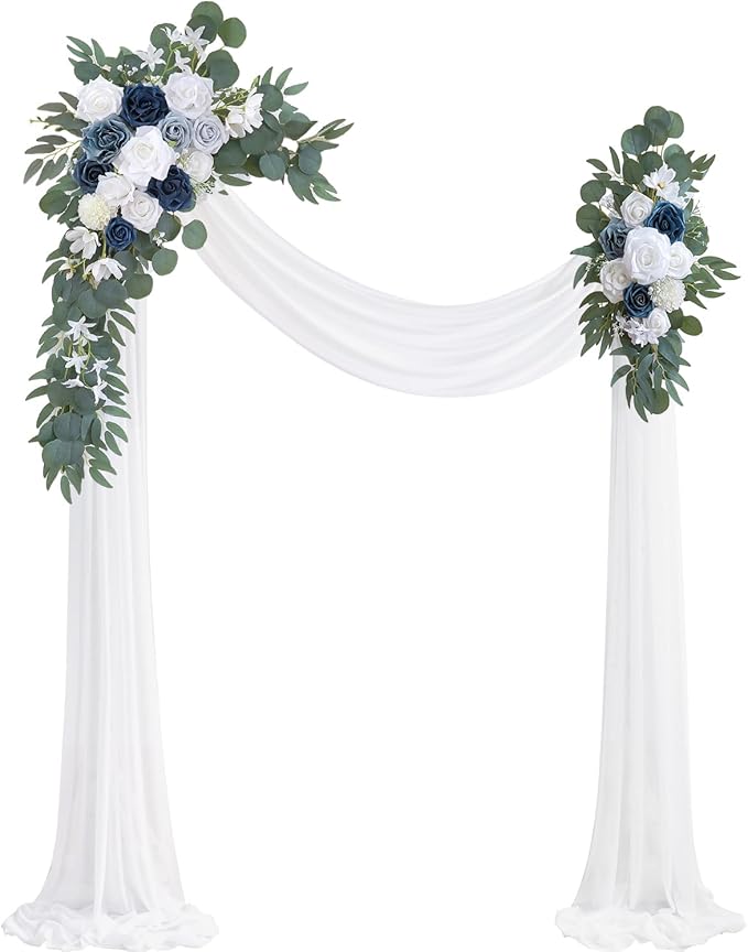 Dusty Blue Artificial Wedding Arch Flowers Kit (Pack of 3) with 26Ft White Shiny Arch Draping Fabric for DIY Wedding Party Ceremony Reception Backdrop Floral Decoration