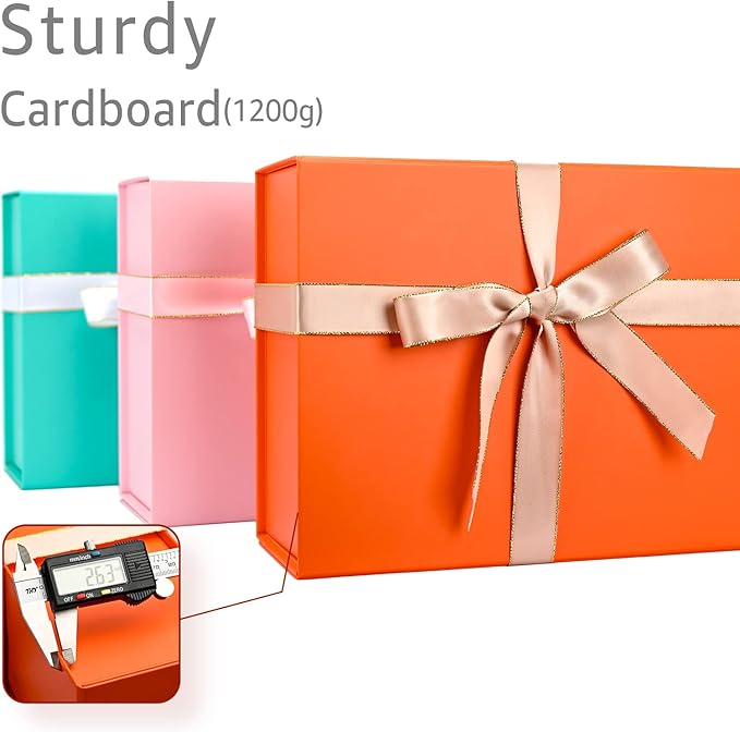 LIFELUM Orange Gift Boxes, 13.85 x 8.35 x 4.45 inch 2 Pack Gift Boxes with Lids Contains Card, Ribbon, Shredded Paper Filler for Holidays,Thanksgiving,Birthdays, Bridal Gifts,Weddings