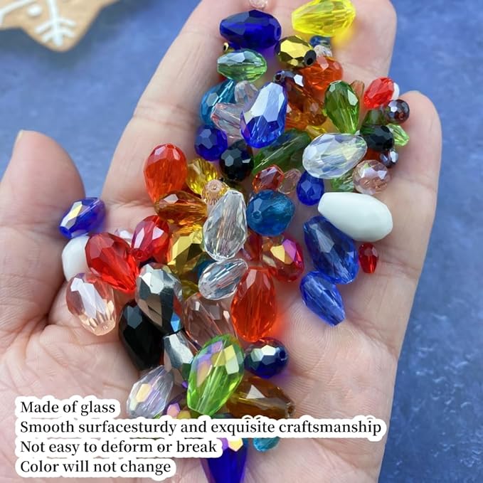 50pcs 10x15mm Teardrop Crystal Glass Beads Vertical Hole Faceted Glass Teardrop Spacer Beads for Bracelets Necklace Earring DIY Jewelry Making Craft(Lake Blue)
