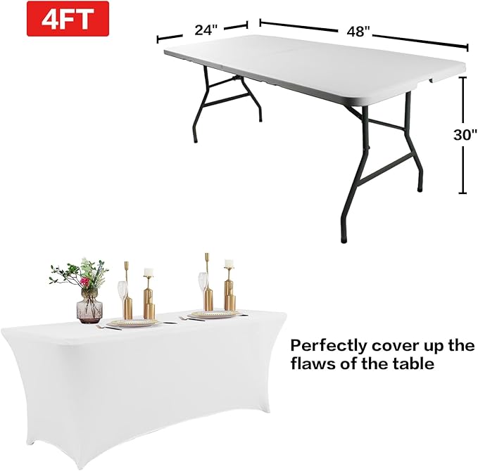 IVAPUPU 2 Pack 4FT Table Cloth for Rectangular Fitted Events Stretch White Table Covers Washable Cover Spandex Spring Tablecloth Protector for Party, Wedding, Cocktail, Banquet, Festival