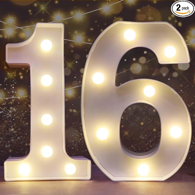 Pooqla Decorative Led Light Up Number Letters, White Plastic Marquee Number Lights Sign 16th Birthday Decorations for Girls Boys Party Wedding Decor Battery Operated Number (16)