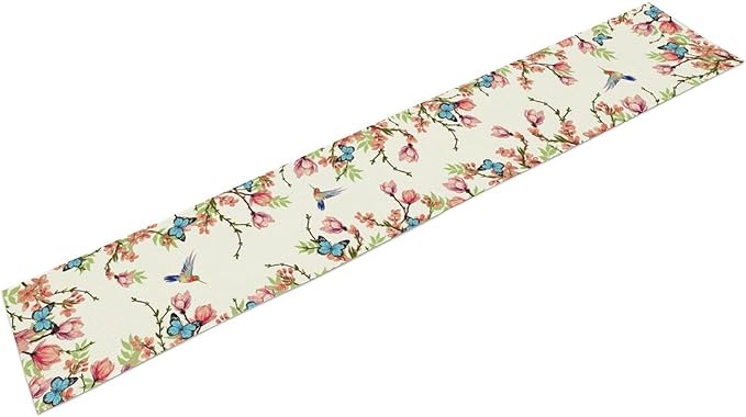 Floral Butterfly Table Runner Seasonal Spring Flower Bird Table Decoration Table Runner for Home Party Decoration 13x70 Inch
