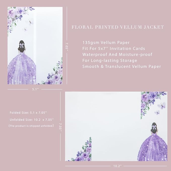 PONATIA 50 PCS Vellum Jackets for 5x7 Invitations - Vellum Paper 5x7 Jackets - 135GSM Purple Girl Flowers Quinceanera Invitation Transparent Wraps (Purple Girl)