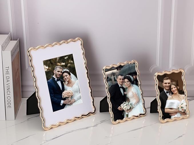 8 x 10'' Heavy-Duty Zinc Alloy Gold Photo Frames with Acid Free Mat for 5x7'',Wave Design Gold Picture Frame 8x10'' with Black Velvet Back