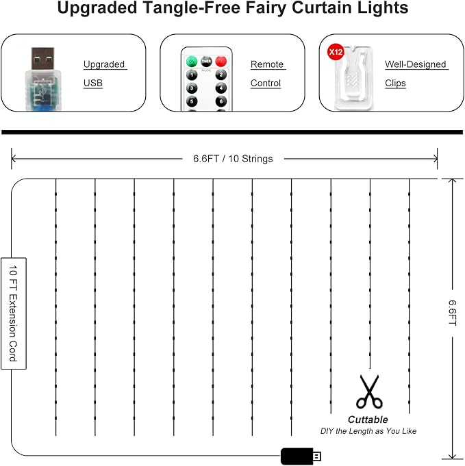 2 Pack Fairy Curtain Lights Upgraded Tangle-Free Warm White USB Plug in 8 Modes String Hanging Lights with Remote for Christmas, Bedroom, Indoor, Outdoor, Weddings, Party (6.6FTx6.6FT)