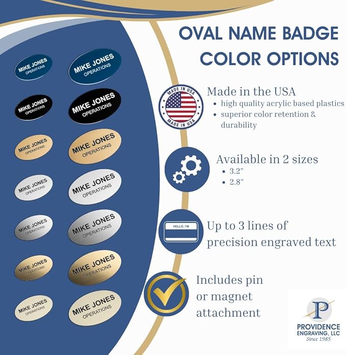 Custom Engraved Name Tag Badges – Personalized Identification with Pin or Magnetic Backing, 2.8 Inch Oval, Black/White