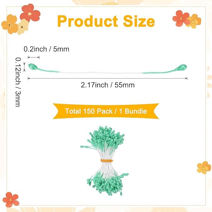 150-Pack Flower Stamens for Crafts, 5mm Double Heads Artificial Pearl Floral Pistil Mini Flower Pollens Stamens for DIY Making/Wedding/Scrapbook Decoration [Light Green]