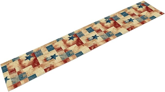 4th of July Table Runner, Rustic Vintage Country Red White Blue American Stars Independence Day Print Table Cover for Farmhouse Kitchen Dining Table Decor, 13x70inch