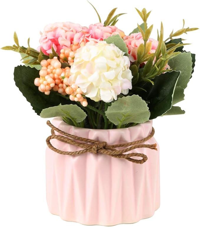 Artificial Hydrangea Bouquet with Small Ceramic Vase Fake Silk Variety Flower Balls Flowers Decoration for Table Home Party Office Wedding (Blue)