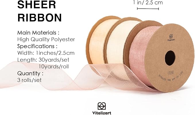 Vitalizart Cream & Rose Gold Organza Sheer Ribbon 1 inch x 30Yd Pink Ribbon Handmade Fabric Ribbons for Gift Wrapping Christmas Tree Crafts Bows Wedding Invitations Wreaths Wrap Peach