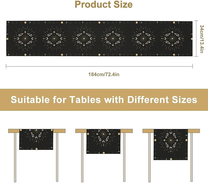 Sun Moon Table Runner - Magical Leaves Mysterious Western Traditional Elements Black White Table Runner for Party Living Room Home Kitchen Dinner - 13x70 Inch