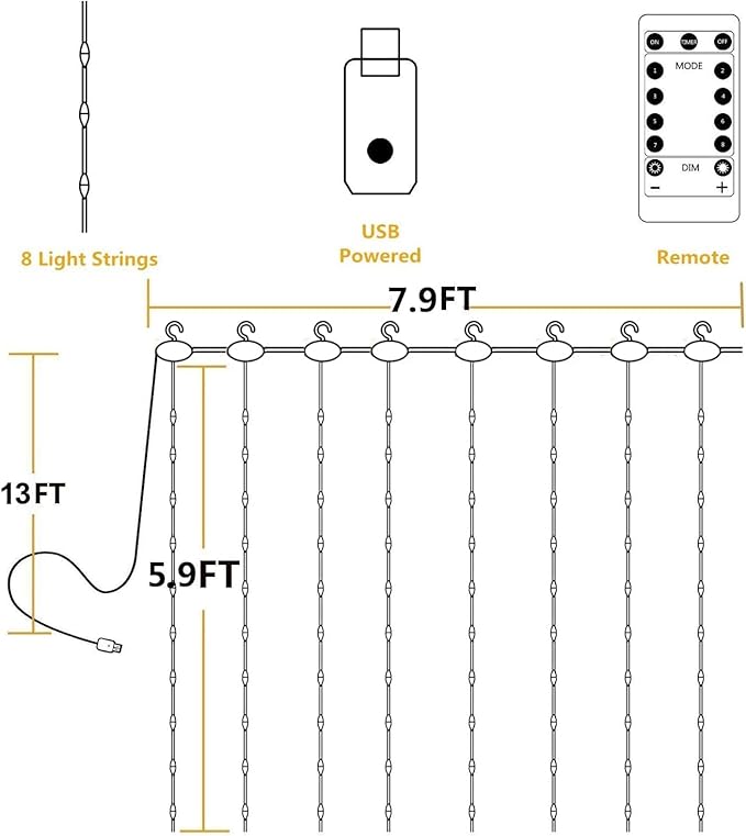 YEOLEH String Lights Curtain,USB Powered Fairy Lights for Bedroom Wall Party,8 Modes & IP64 Waterproof Ideal for Outdoor Wedding Decor (White,7.9Ft x 5.9Ft)