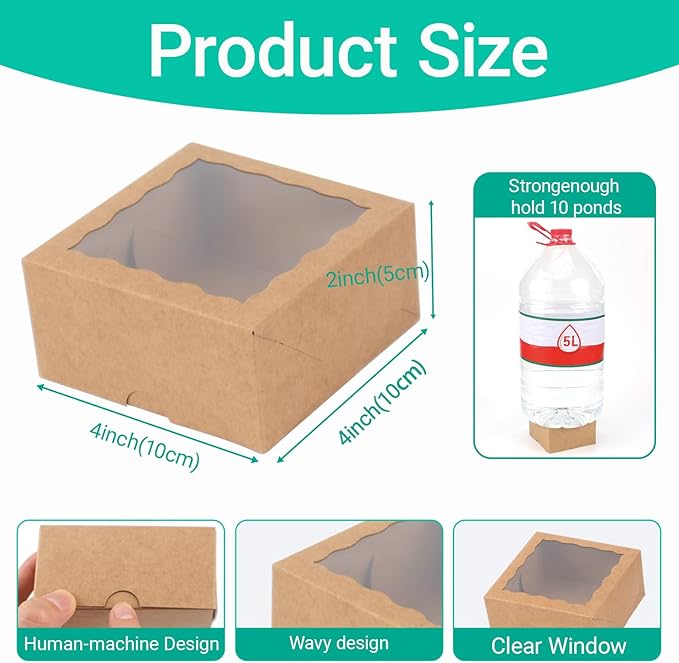 50-Count 4x4x2 Food-Safe Brown Bakery Boxes - Multi-Use Pastry & Treat Packaging for Cookies, Truffles & Wedding Favors (Stackable Gift Boxes for Cakes, Pies & Cinnamon Rolls)
