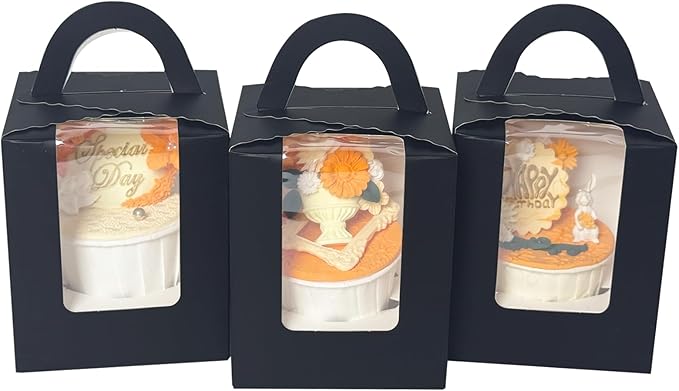 Bakepacker Auto-pop up Individual Cupcake Boxes with Window 60 Count Black Single Cupcakes Box 3.6 x 3.6 x 4.3inch Cupcake Carrier