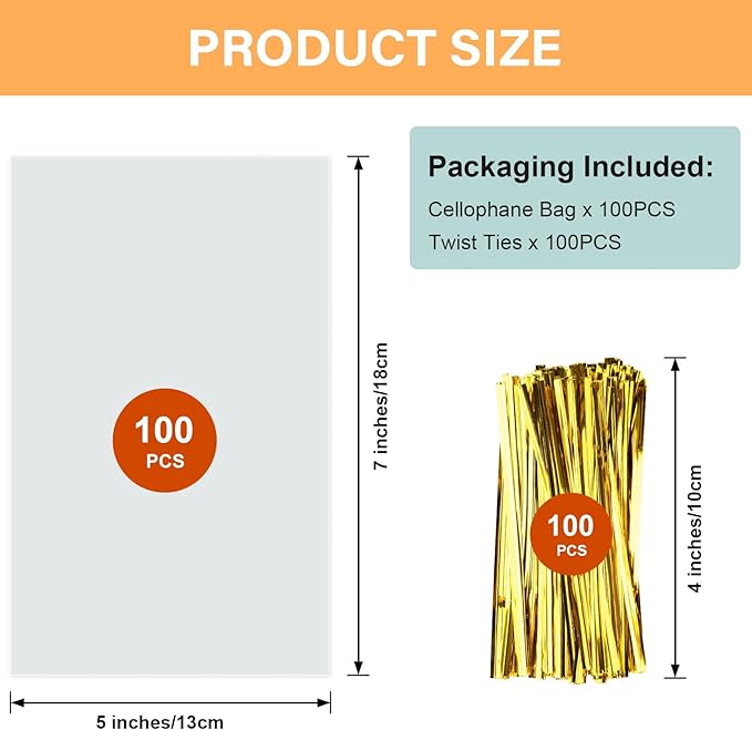 ZHEWTOEN 100 Pcs 5x7 Inch Cellophane Bags with Color Twist Ties, Clear Plastic Goodie Cello Treat Candy Bags for Cookies, Popcorn, Small Gift Wrapping, Party Favors, Bakery Packaging