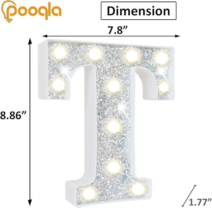 Pooqla Light Up Letters, LED Marquee Letters for Silver Birthday Decorations, Battery Powered Night Light Teenager Girl Room Decor, Gift for Girls Boys Wedding Bedroom Christmas Party Decor, Letter T