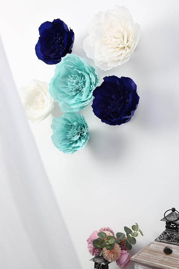 Paper Flower Decorations for Wall, Navy Blue Wedding Backdrop, Baby Boy Nursery Wall Decor, Bridal Shower, Nautical Theme Birthday Party (Navy Blue, Light Blue, White, Set of 6)